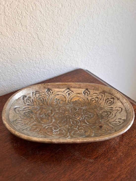 Estate Other - Vintage Brass Tray Embossed Silver-Washed Antique Finish Trinket Ring Dish